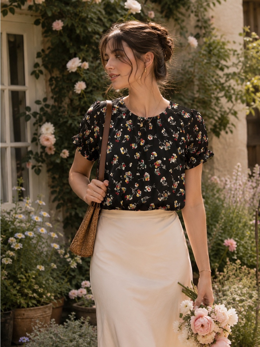Madewell Women’s 100% Silk Black Floral Peasant Blouse XS Cottagecore Fairy